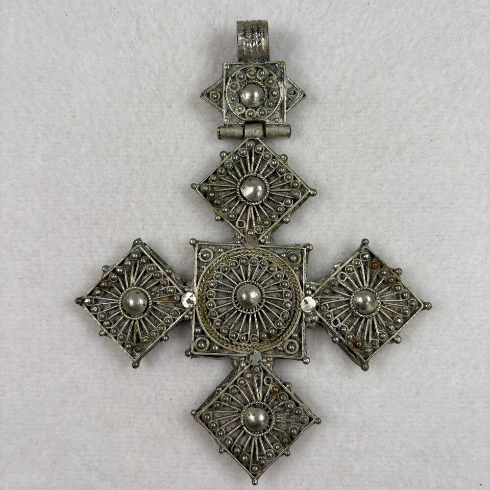Vintage Silver Tone Coptic Four-Point Cross 5" Hinged Wirework Artisan Pendant